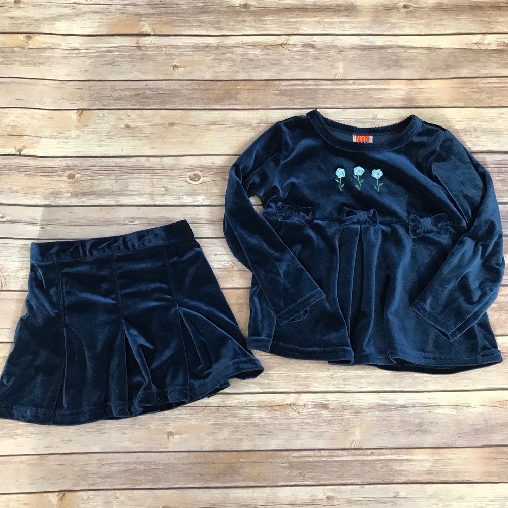 McKids Vintage Skirt Set Girls 4 Blue Velour Swing Skirt Embroidered Top Bows